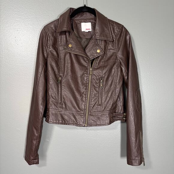 Bongo Brown Vegan Leather Quilted Accent Moto Jacket - Size Small - Junior Biker - Picture 1 of 8